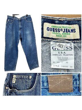 GUESS USA Mens Vtg Denim Jeans size 38 x 30 True Fit Baggy Dark Stonewashed Zip